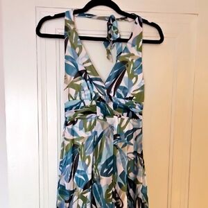 Tropical Print Halter Dress, White, Blue, & Green. Sz Sm.